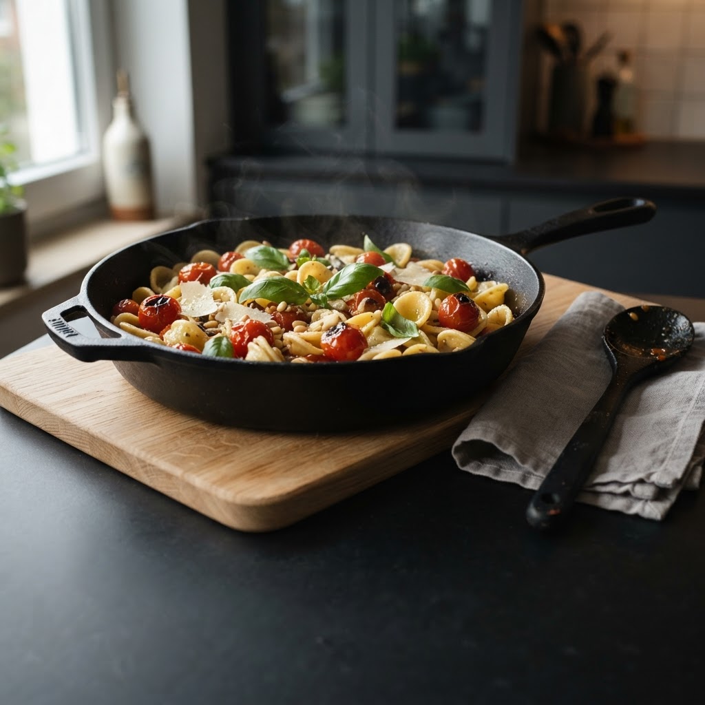 Frische Pasta in einer Pfanne auf einer Eichenholzplatte