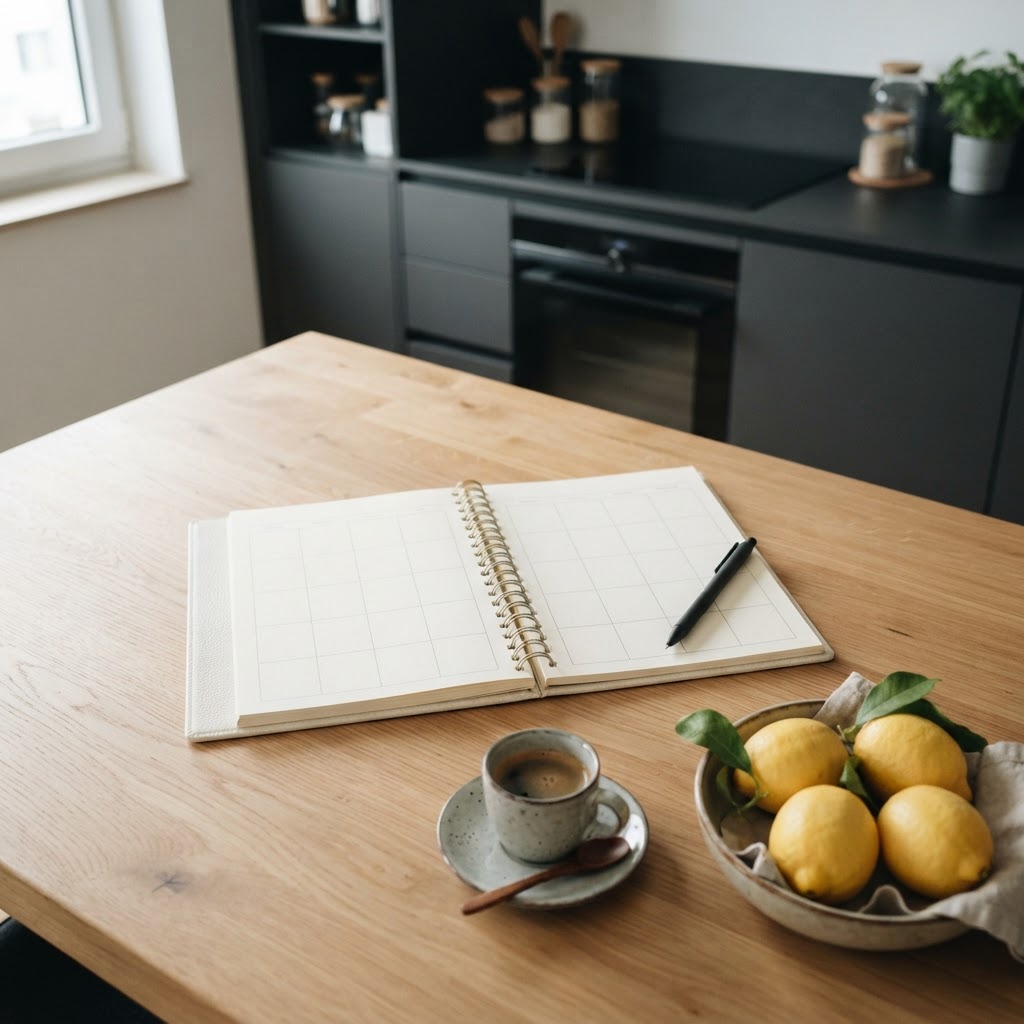 Wochenplaner mit Kaffee und Zitronen auf einem Eichentisch