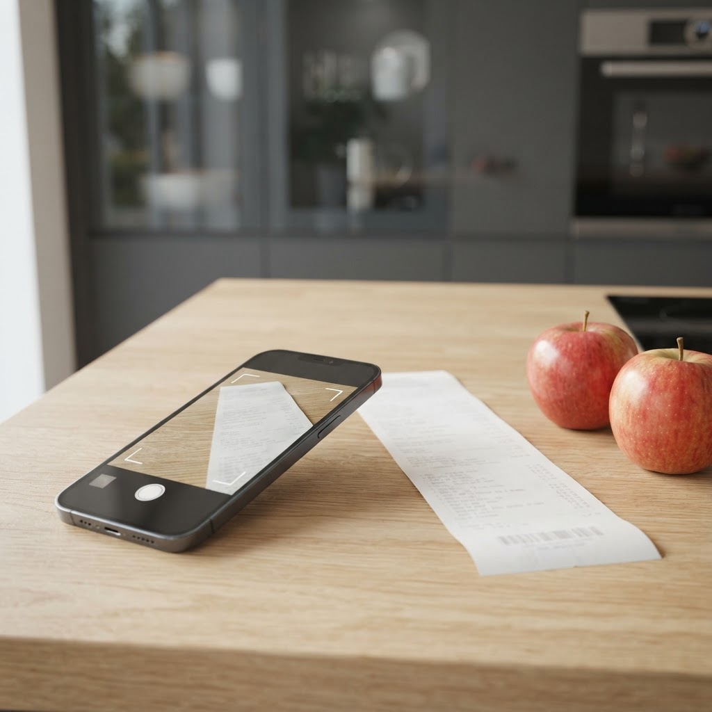 Smartphone beim Scannen eines Kassenbons auf einer Küchenarbeitsplatte
