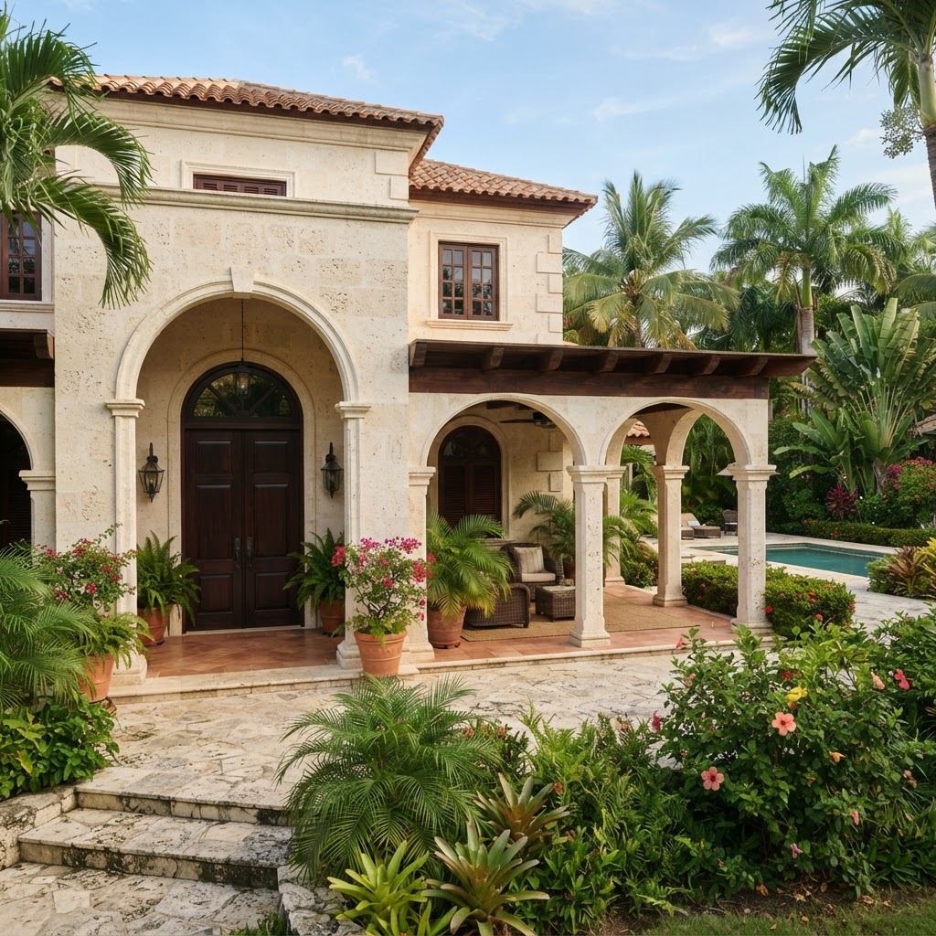 Rendering — Villa exterior study; Coral Coquina design reference, not a completed project.