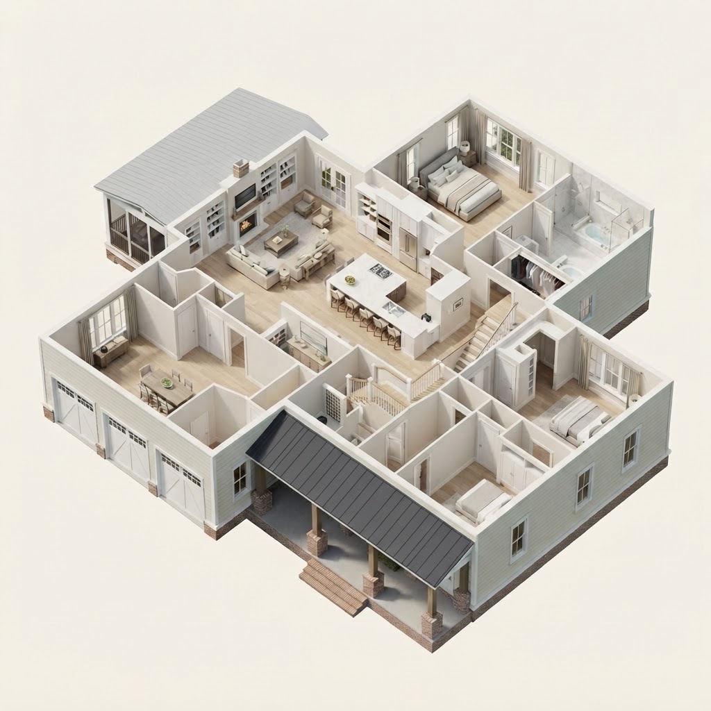 Rendering — three-dimensional floor plan of the main level of The Cypress, a Lowcountry concept home.