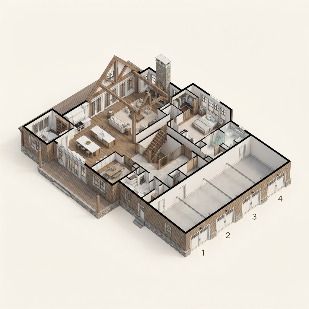 Rendering — three-dimensional floor plan of the main level of The Grayson, a Coastal Estate concept home.