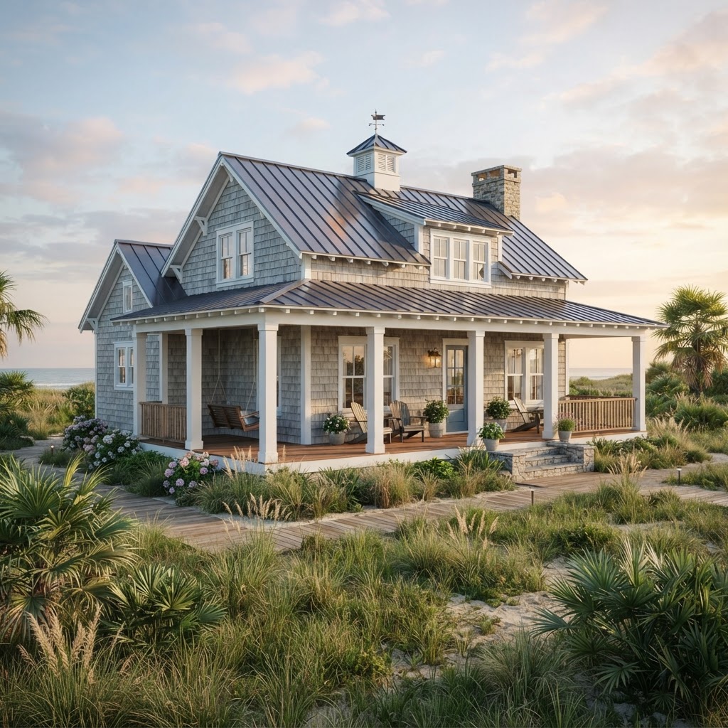 Rendering — The Juniper, a coastal cottage concept home exterior.