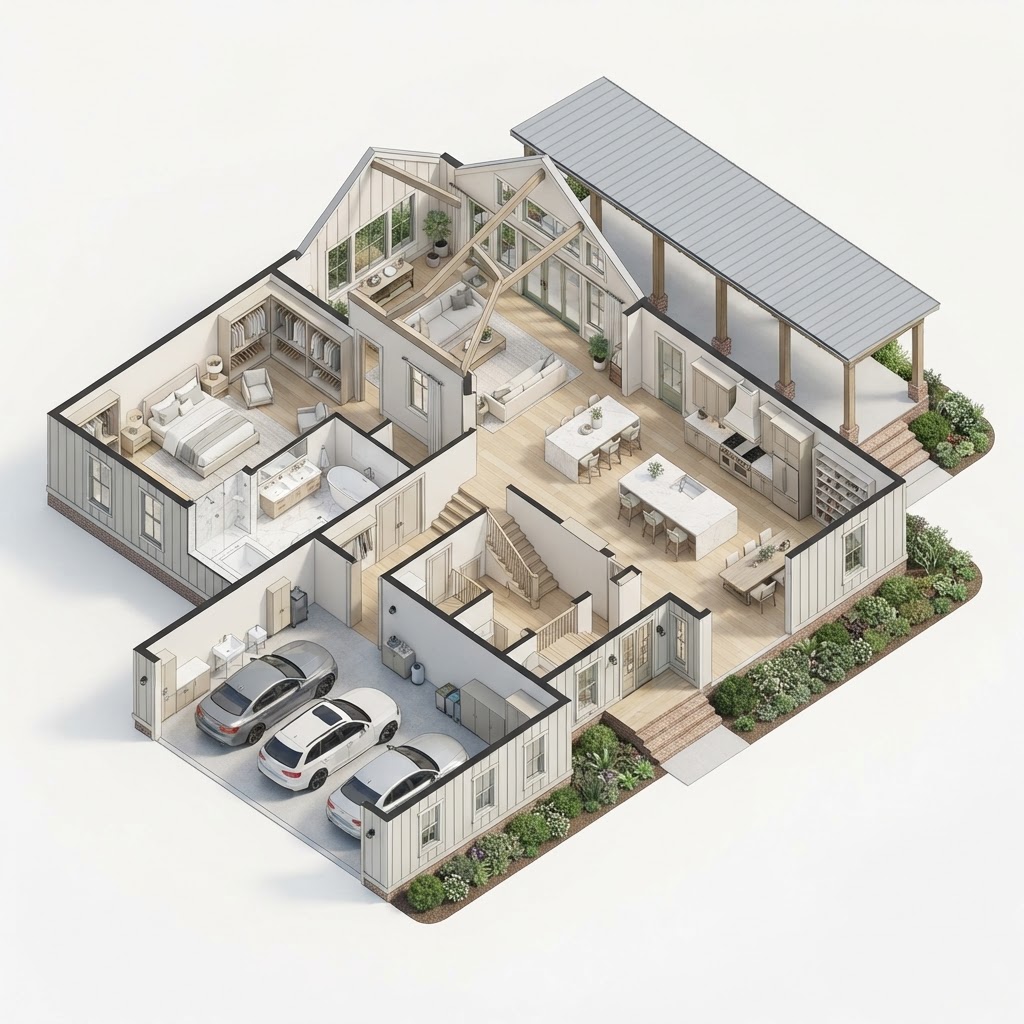 Rendering — three-dimensional floor plan of the main level of The Marsh Hen, a Lowcountry concept home.