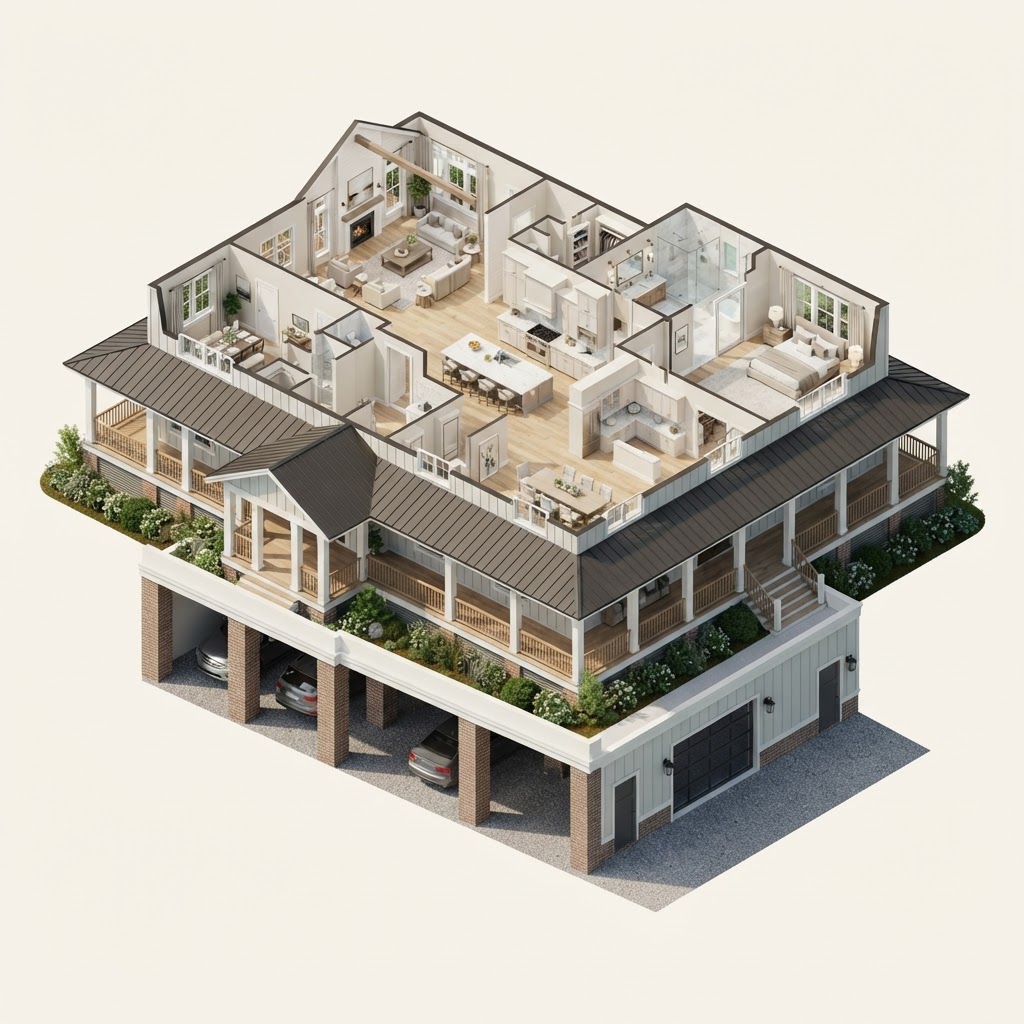 Rendering — three-dimensional floor plan of the main level of The Egret, a Lowcountry concept home.