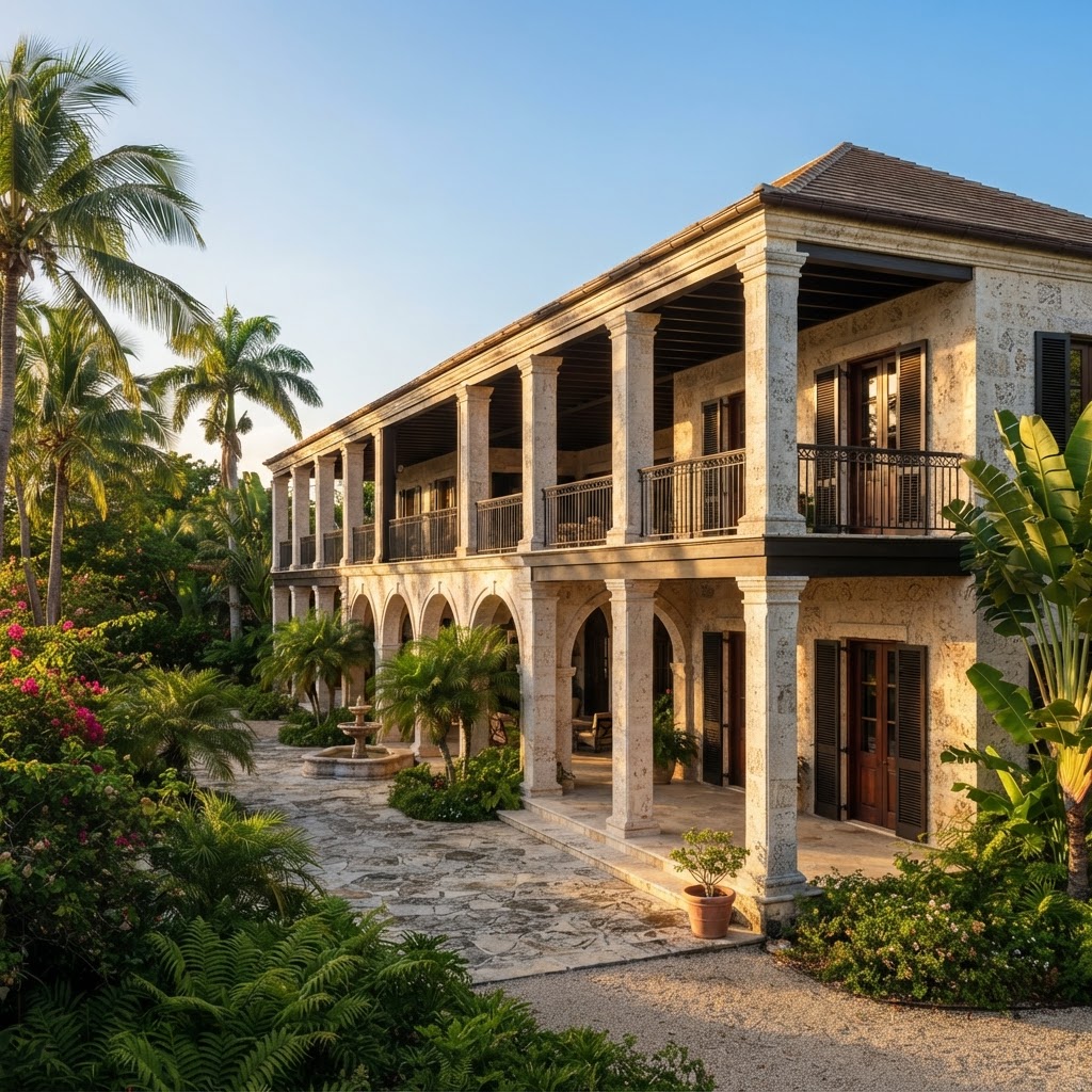 Rendering of the Coral Coquina concept — a two-story coralstone villa with columned verandas and palms, inspired by Oscar de la Renta's Punta Cana home.