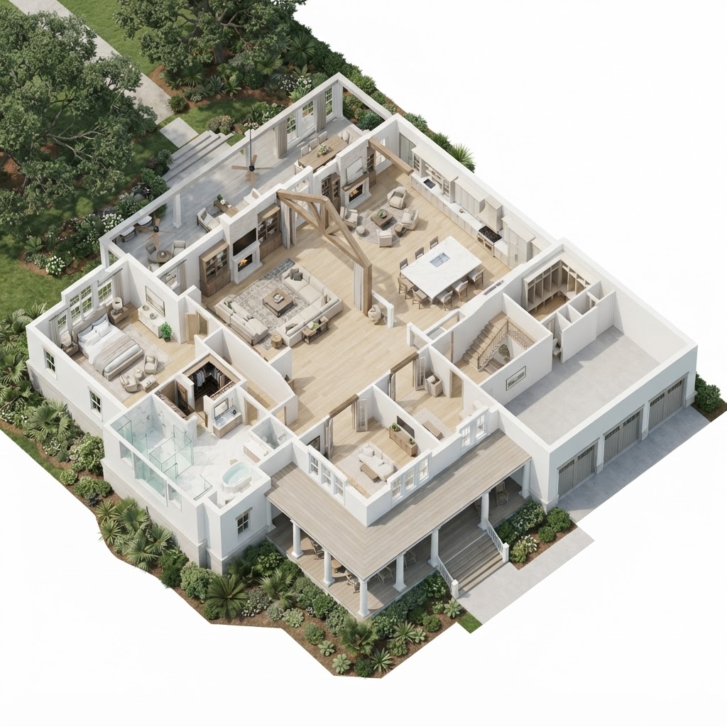 Rendering — three-dimensional floor plan of the main level of The Live Oak, a Lowcountry Estate concept home.