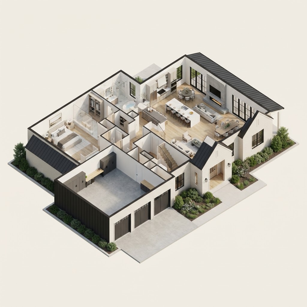 Rendering — three-dimensional floor plan of the main level of The Laurel, a Modern Southern concept home.