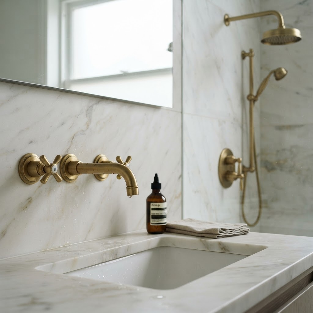 Example of brass bathroom fittings on marble.