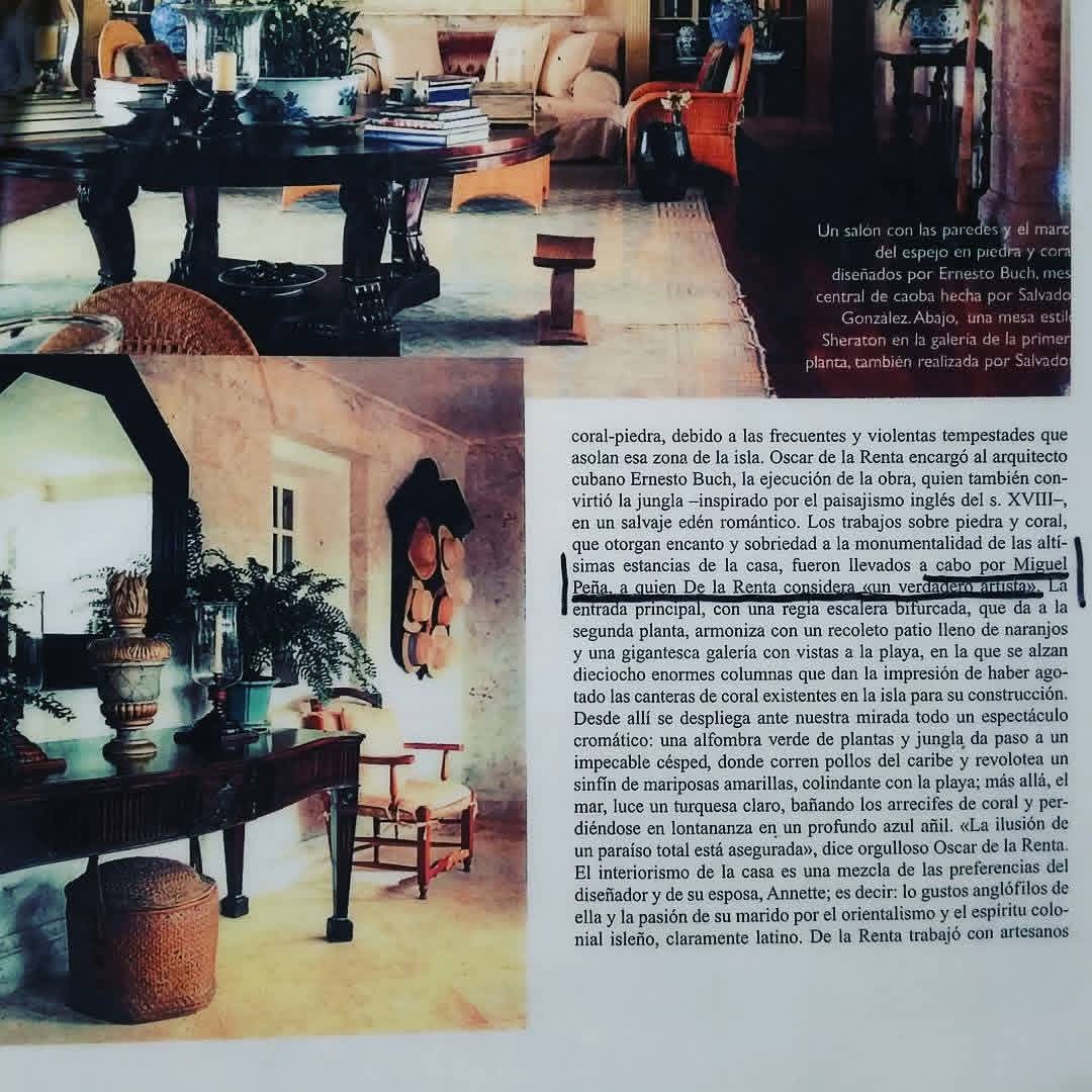 Spanish-language magazine page showing Oscar de la Renta’s Punta Cana interiors and text crediting Miguel Peña’s stone and coral work