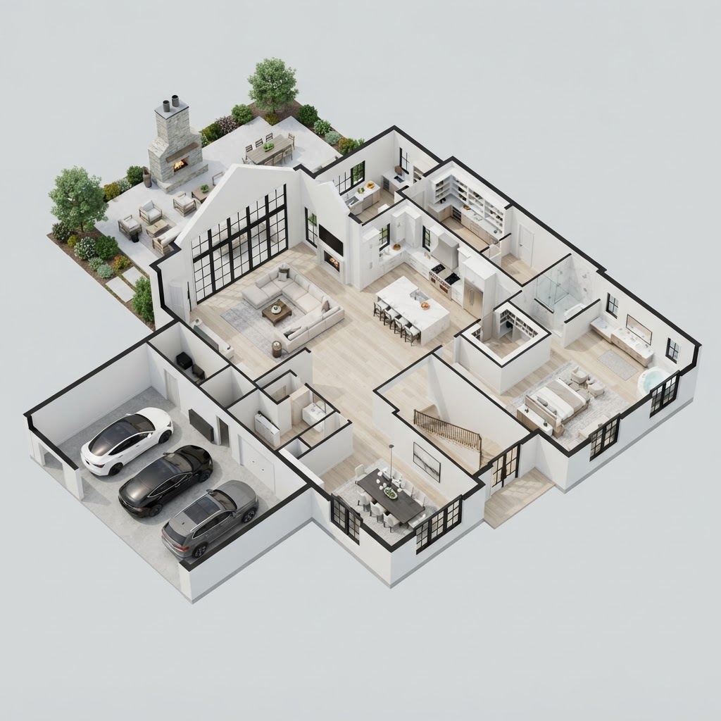 Rendering — three-dimensional floor plan of the main level of The Wellspring, a Modern Southern concept home.
