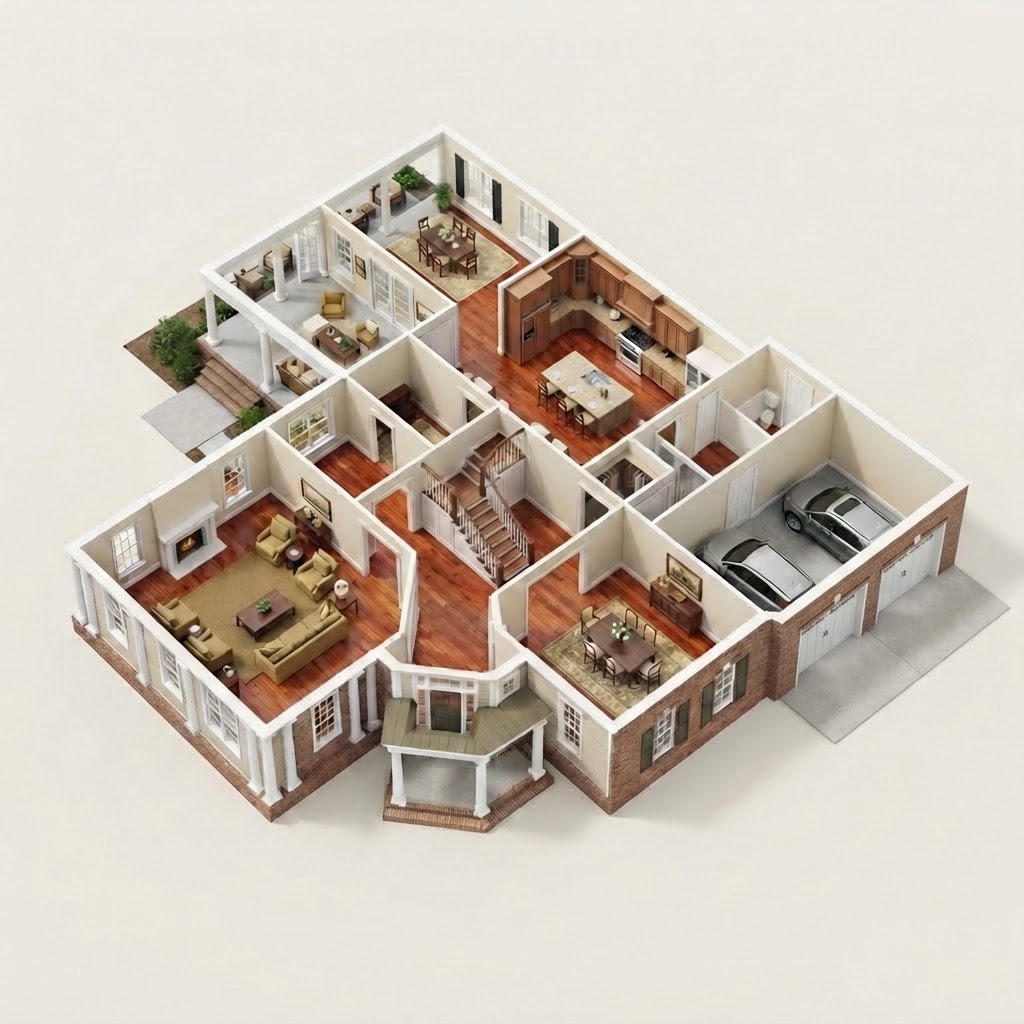 Rendering — three-dimensional floor plan of the main level of The Bellamy, a Traditional Colonial concept home.