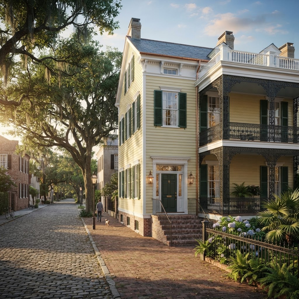 Rendering — The Quarterman, a Charleston single concept home exterior.