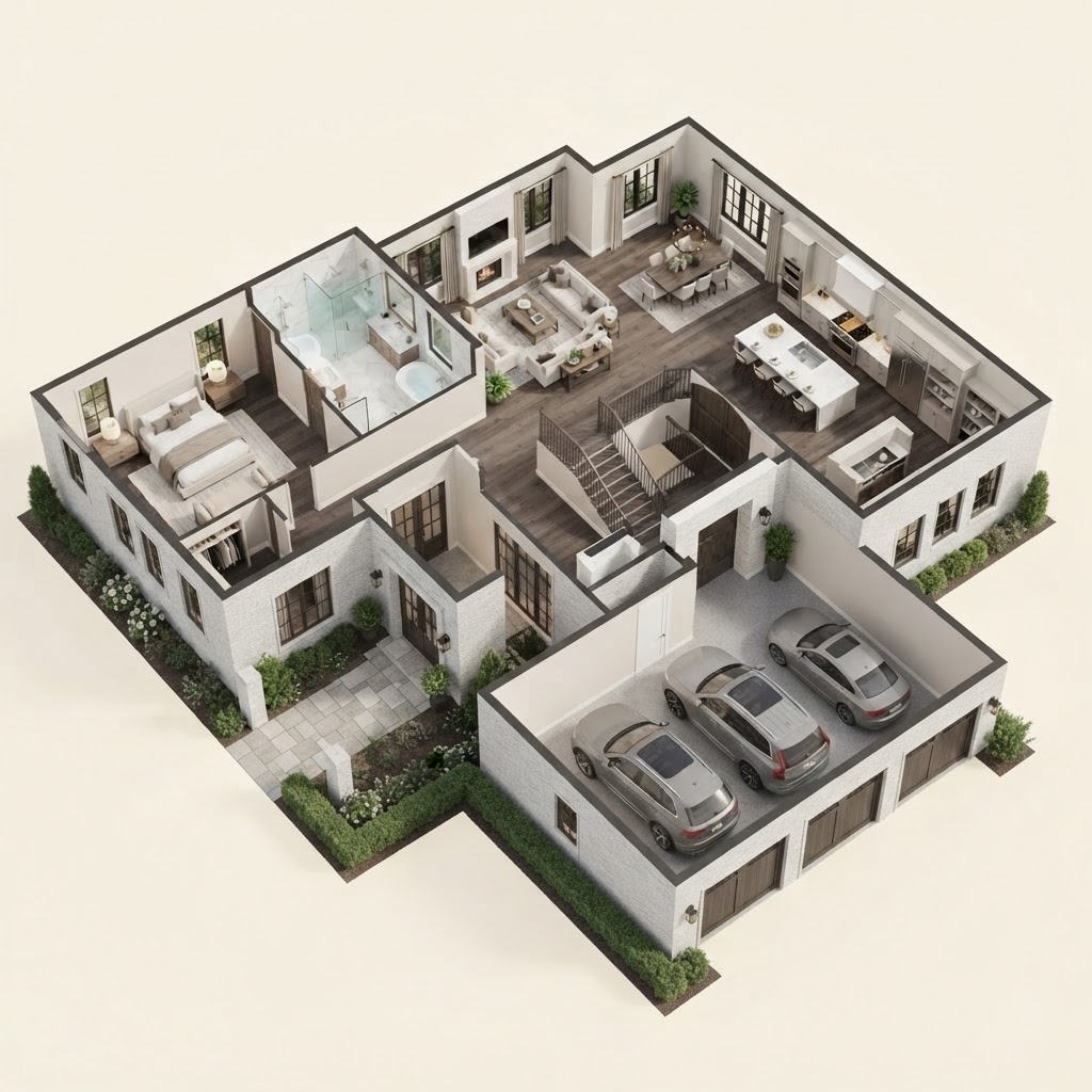 Rendering — three-dimensional floor plan of the main level of The Everly, a Transitional concept home.