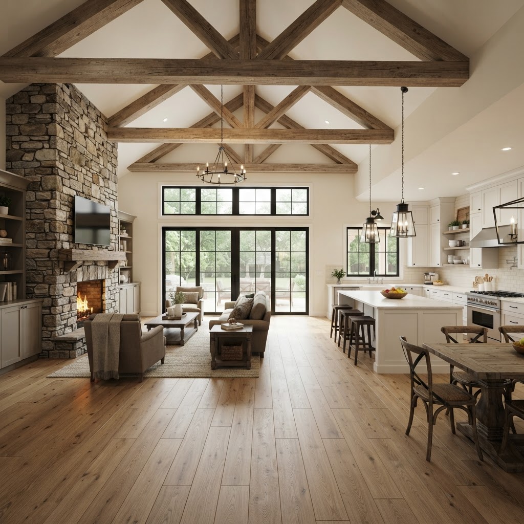 Rendering — The Marlowe great room and kitchen.