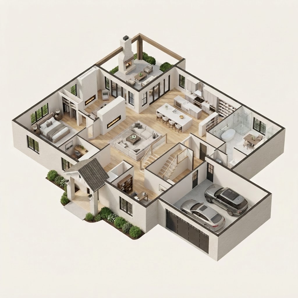Rendering — three-dimensional floor plan of the main level of The Wren, a Modern Southern concept home.