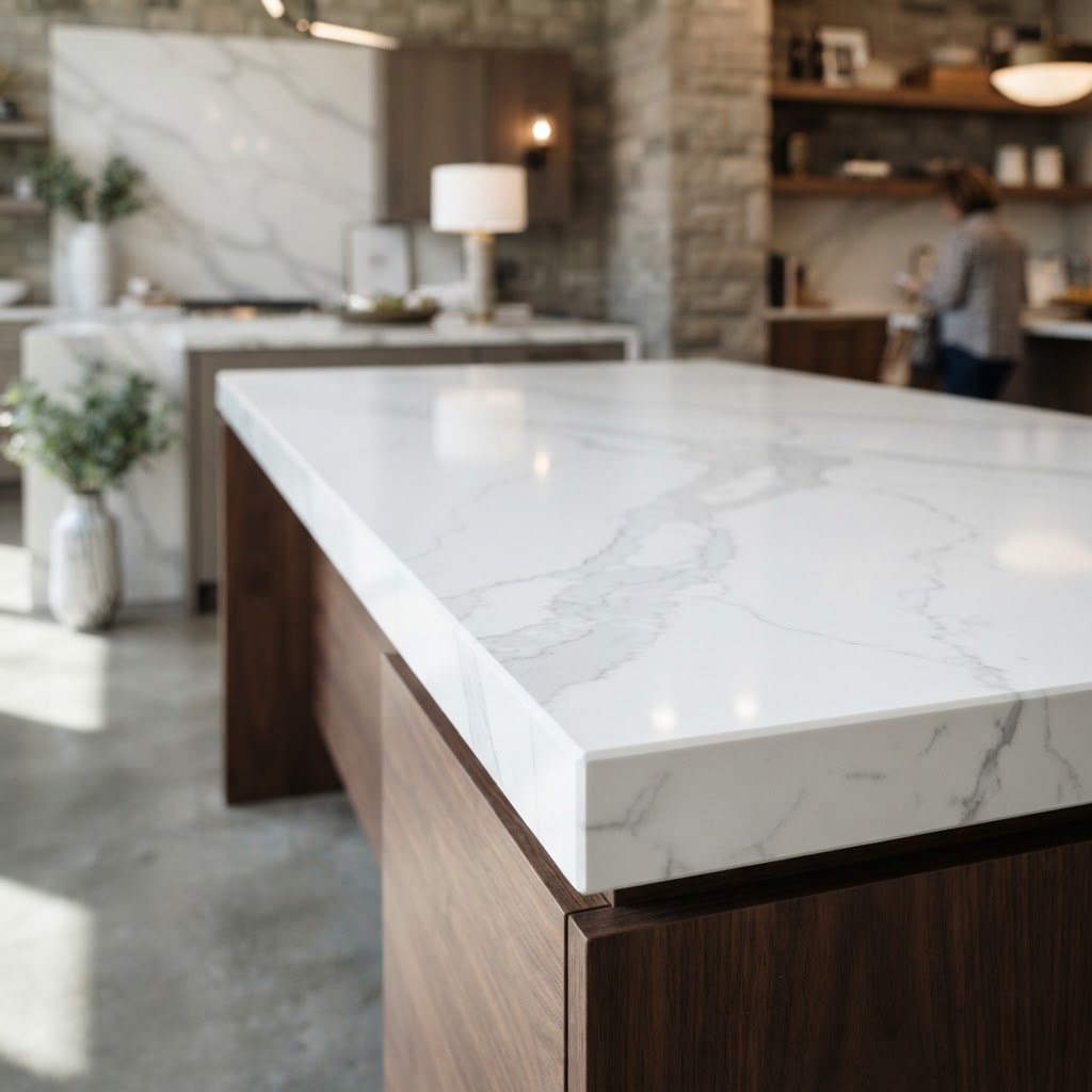 Example of a polished quartz countertop surface.