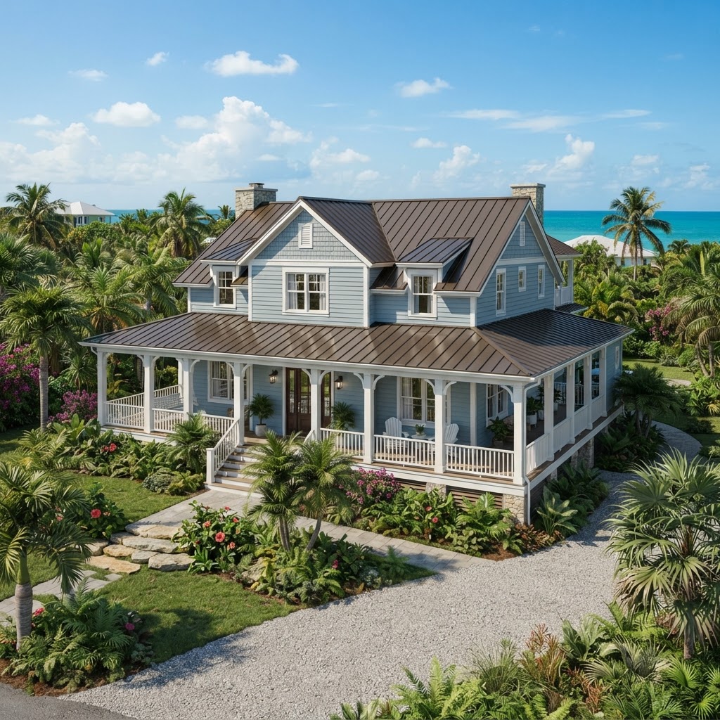 Rendering — The Indigo, an island style concept home exterior.