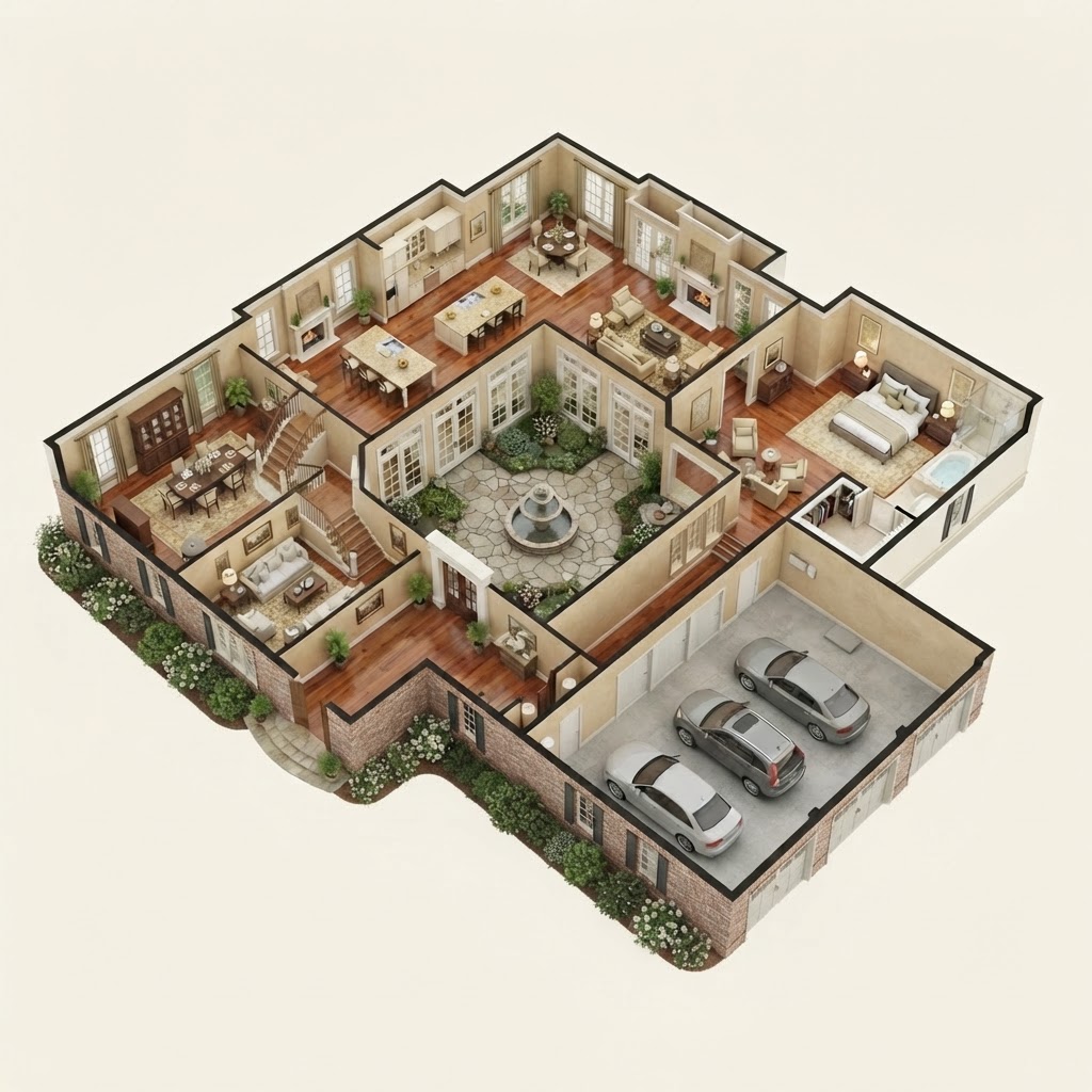 Rendering — three-dimensional floor plan of the main level of The Carolina Court, a Southern Traditional concept home.