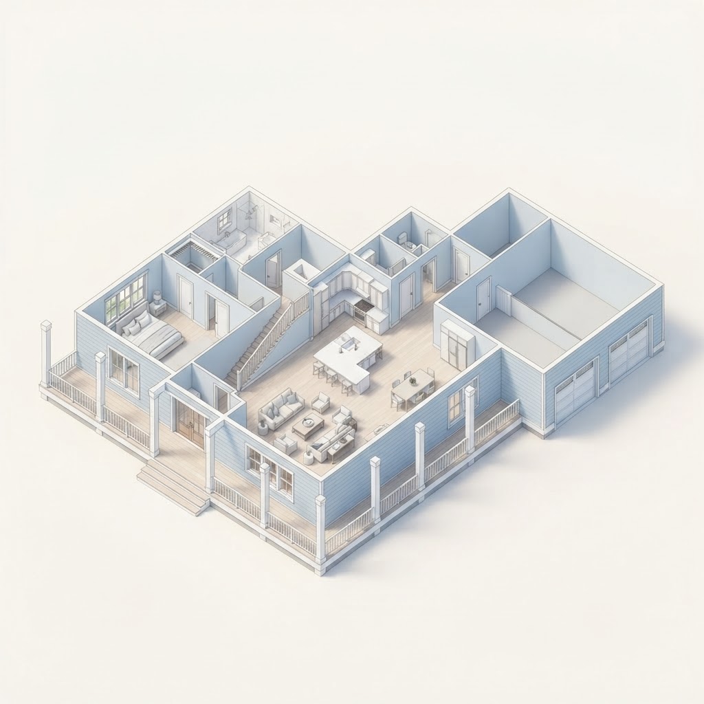 Rendering — three-dimensional floor plan of the main level of The Indigo, a Island concept home.
