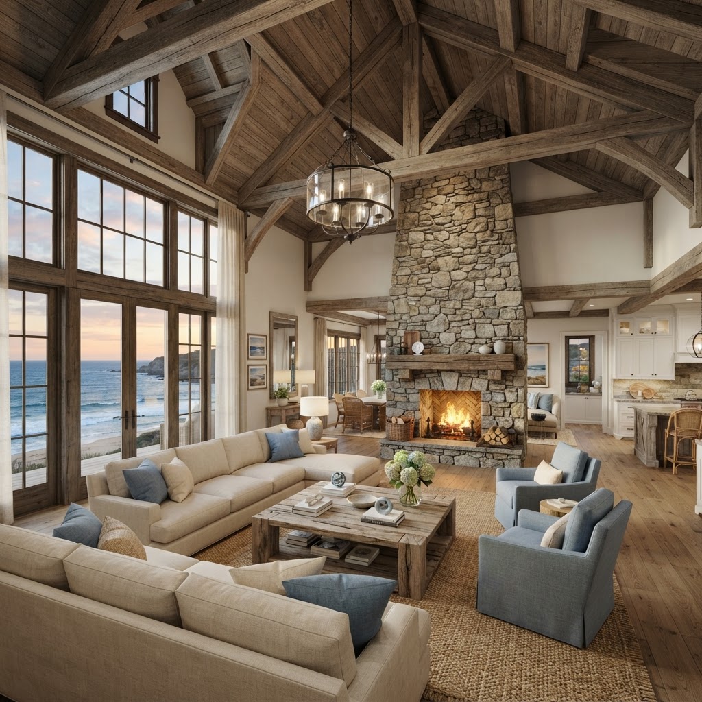 Rendering — The Grayson great room with an ocean view.