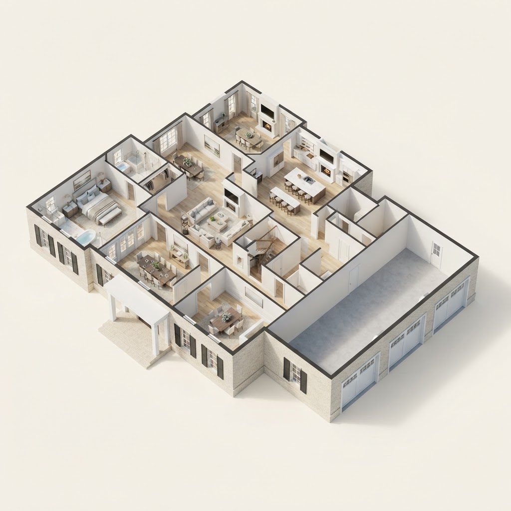 Rendering — three-dimensional floor plan of the main level of The Magnolia, a Classic Southern concept home.