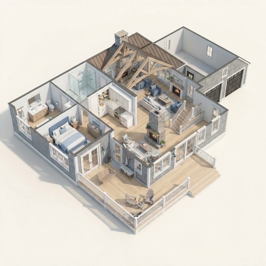 Rendering — three-dimensional floor plan of the main level of The Juniper, a Coastal Cottage concept home.