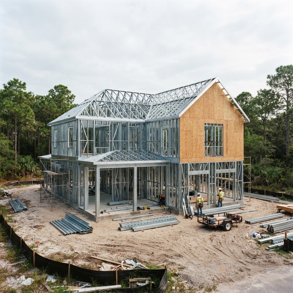 Rendering — light gauge steel frame of a two-story home under construction, with steel studs and trusses forming the skeleton of the house.