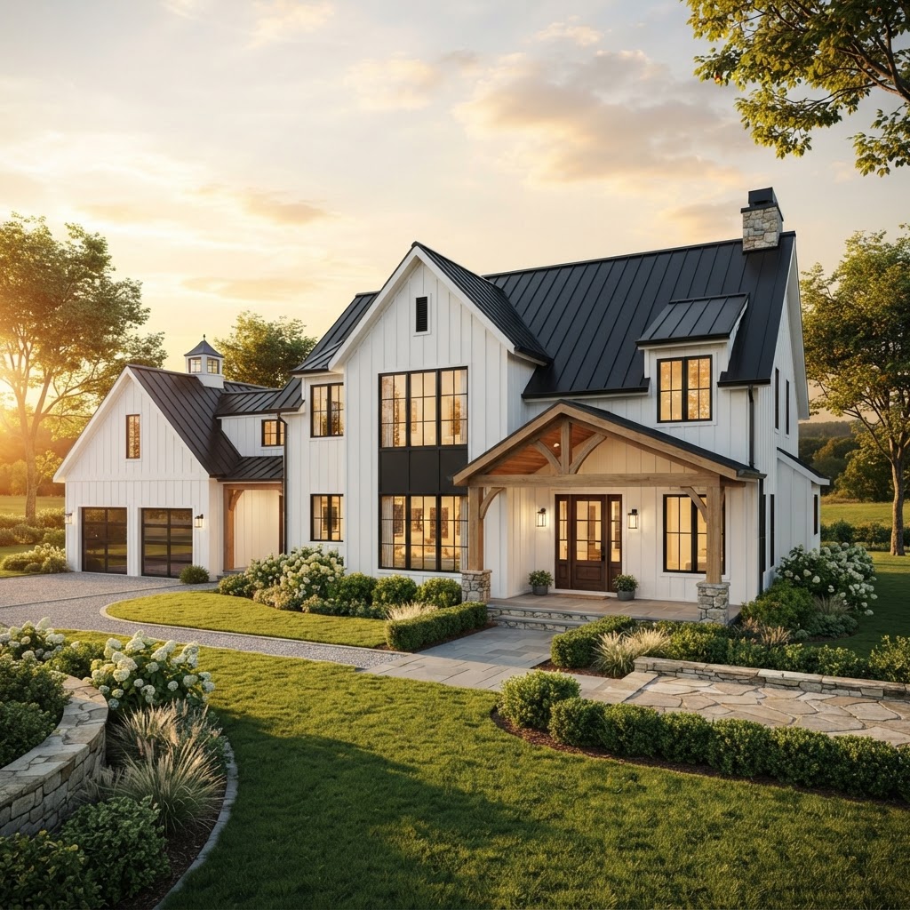 Rendering — The Marlowe, a modern farmhouse concept home exterior.