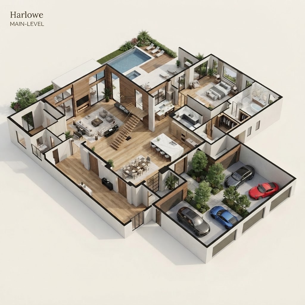 Rendering — three-dimensional floor plan of the main level of The Harlowe, a Contemporary concept home.