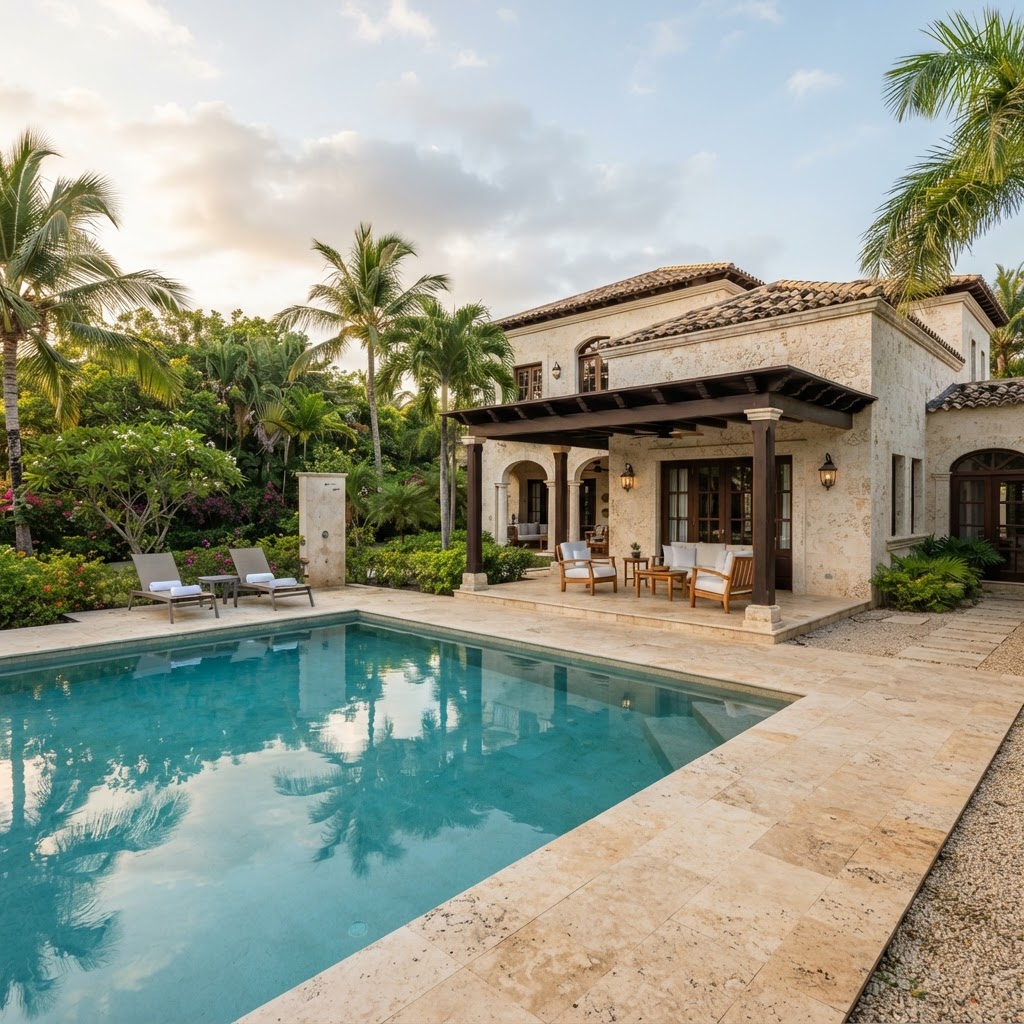Rendering — Pool and loggia study; Coral Coquina design reference, not a completed project.