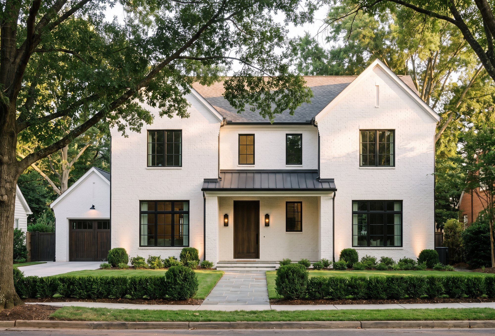 Rendering of a custom home in the SouthPark style - white painted brick with black steel-look windows.