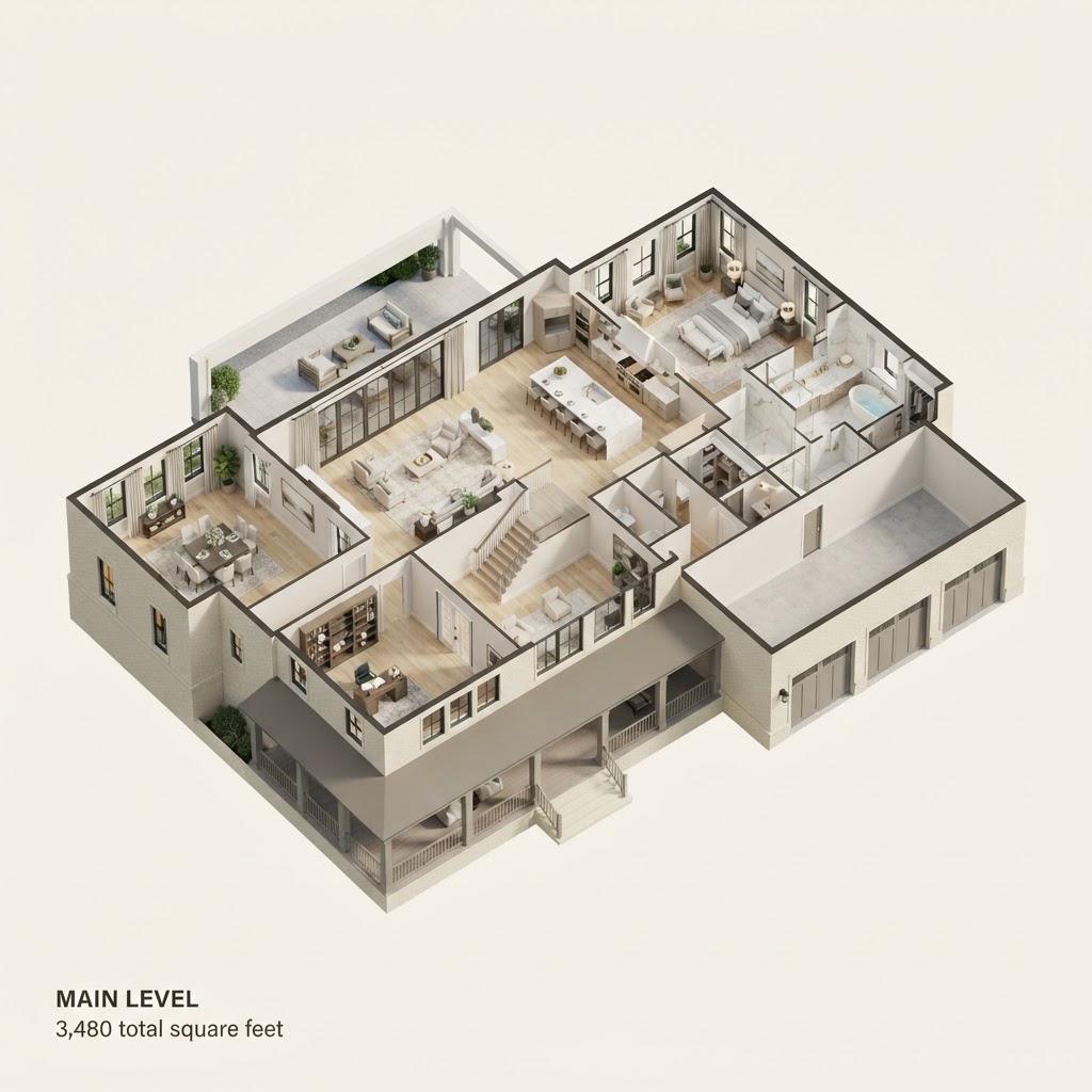 Rendering — three-dimensional floor plan of the main level of The Heron, a Tidewater concept home.