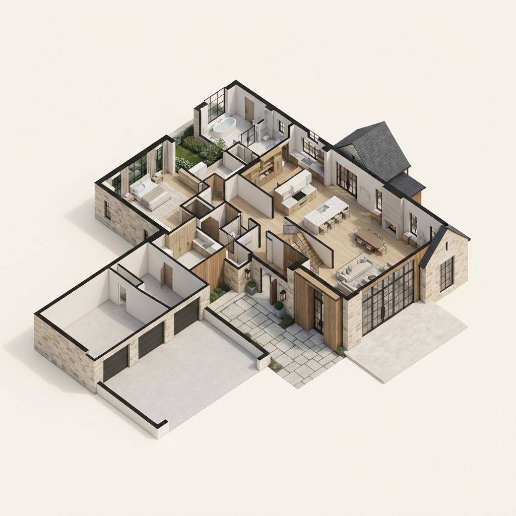 Rendering — three-dimensional floor plan of the main level of The Hawthorne, a Contemporary Southern concept home.