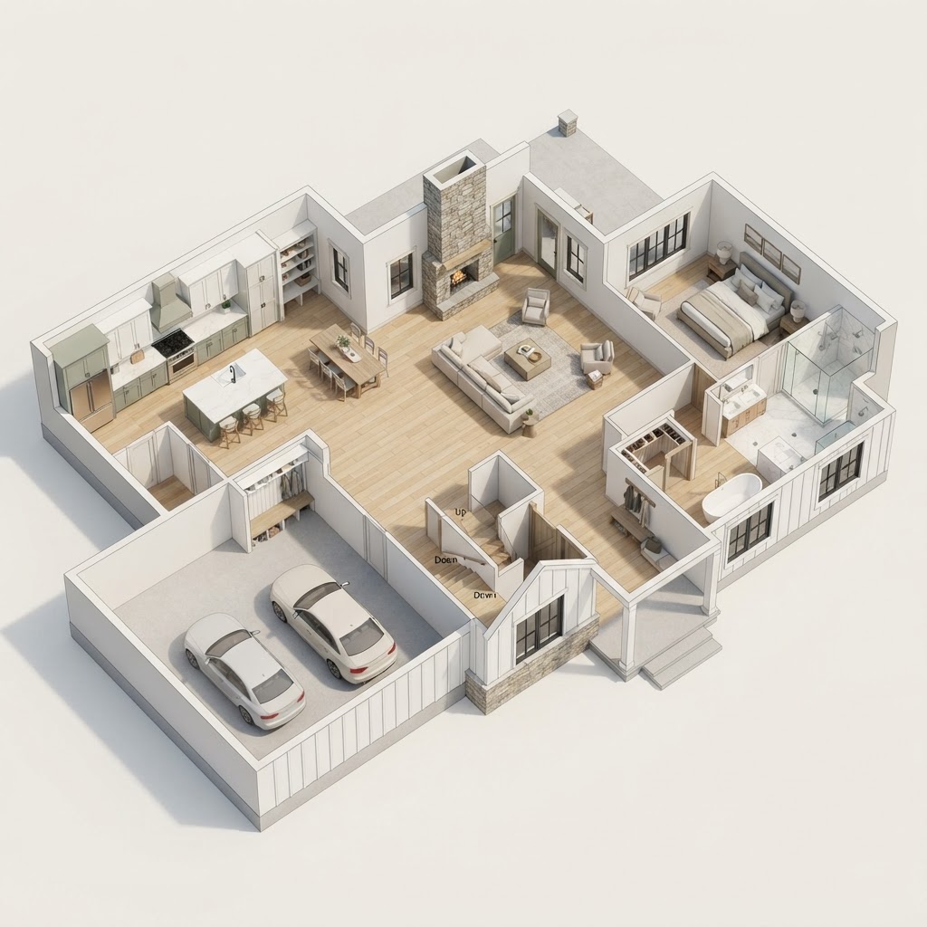 Rendering — three-dimensional floor plan of the main level of The Marlowe, a Modern Farmhouse concept home.