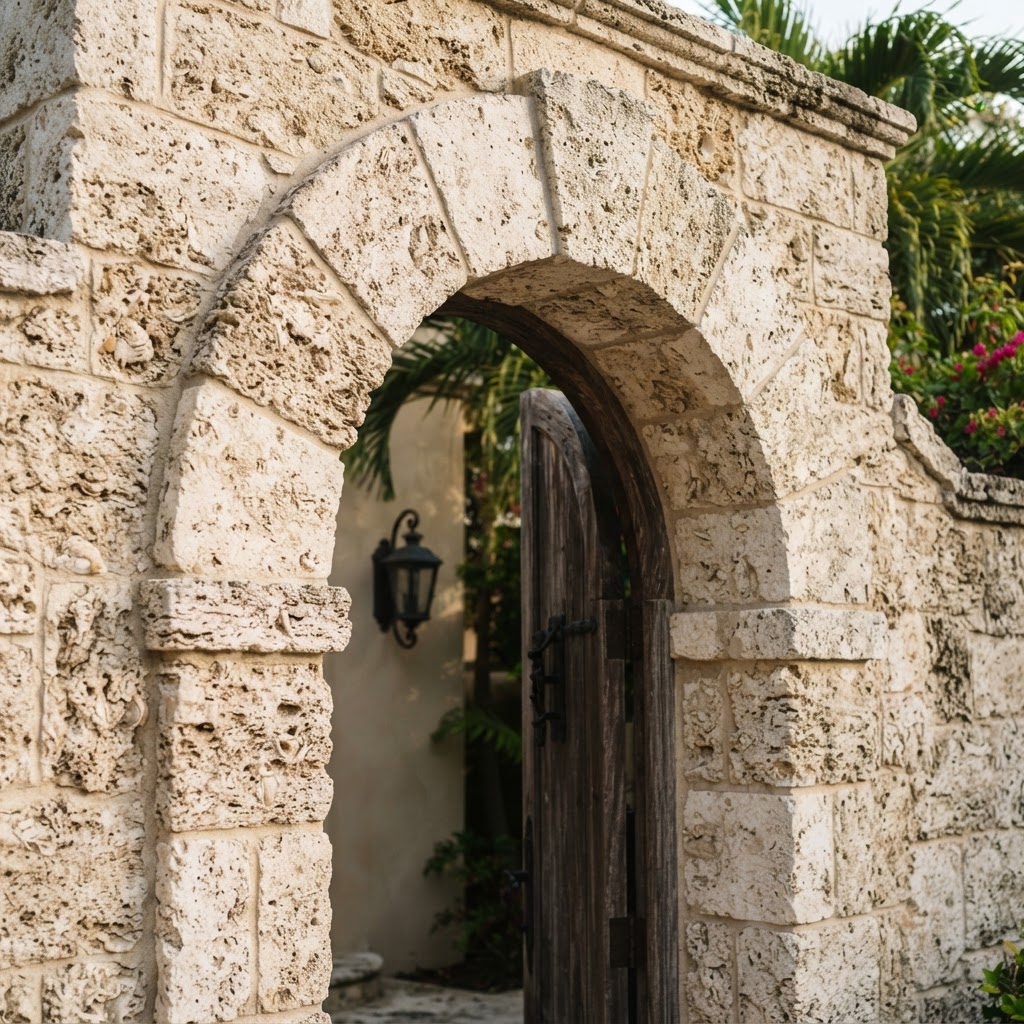 Rendering — Coral stone detail; Coral Coquina design reference, not a completed project.