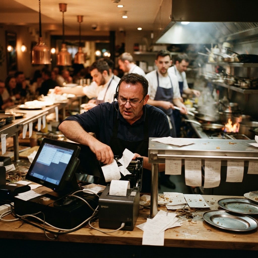 Frustrated restaurant manager dealing with a jammed receipt printer during busy service