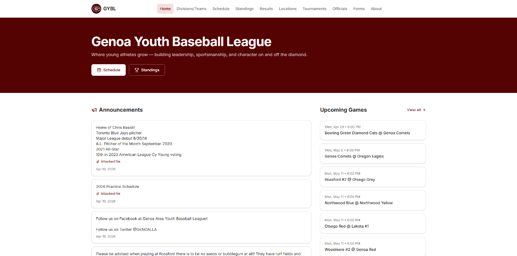 Genoa Youth Baseball League — Web App by Buehler Web Design LLC