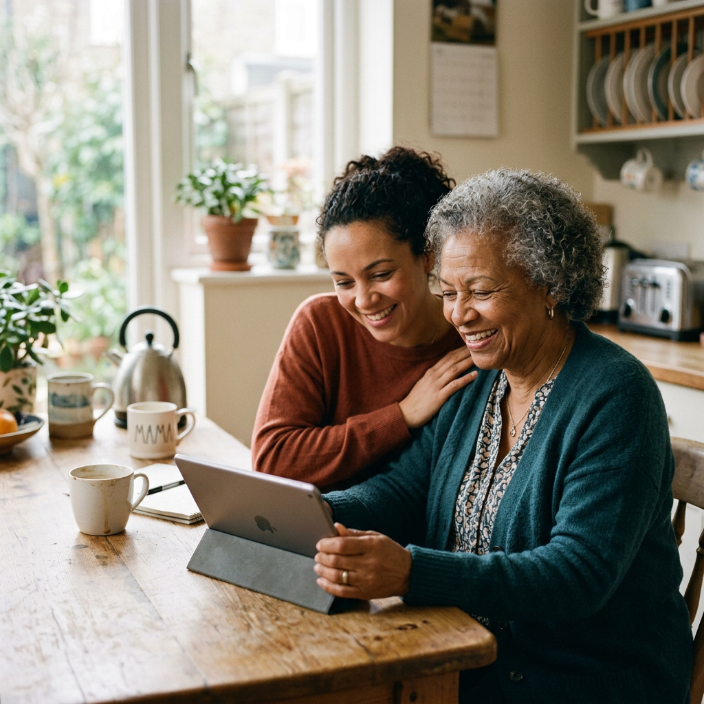A grandmother and her daughter smiling together while using a tablet at home