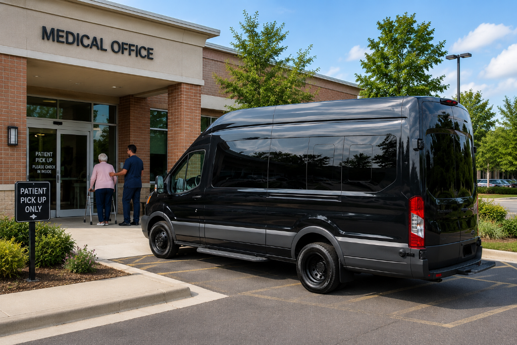 Black Ford Transit 350 High Roof van at medical office