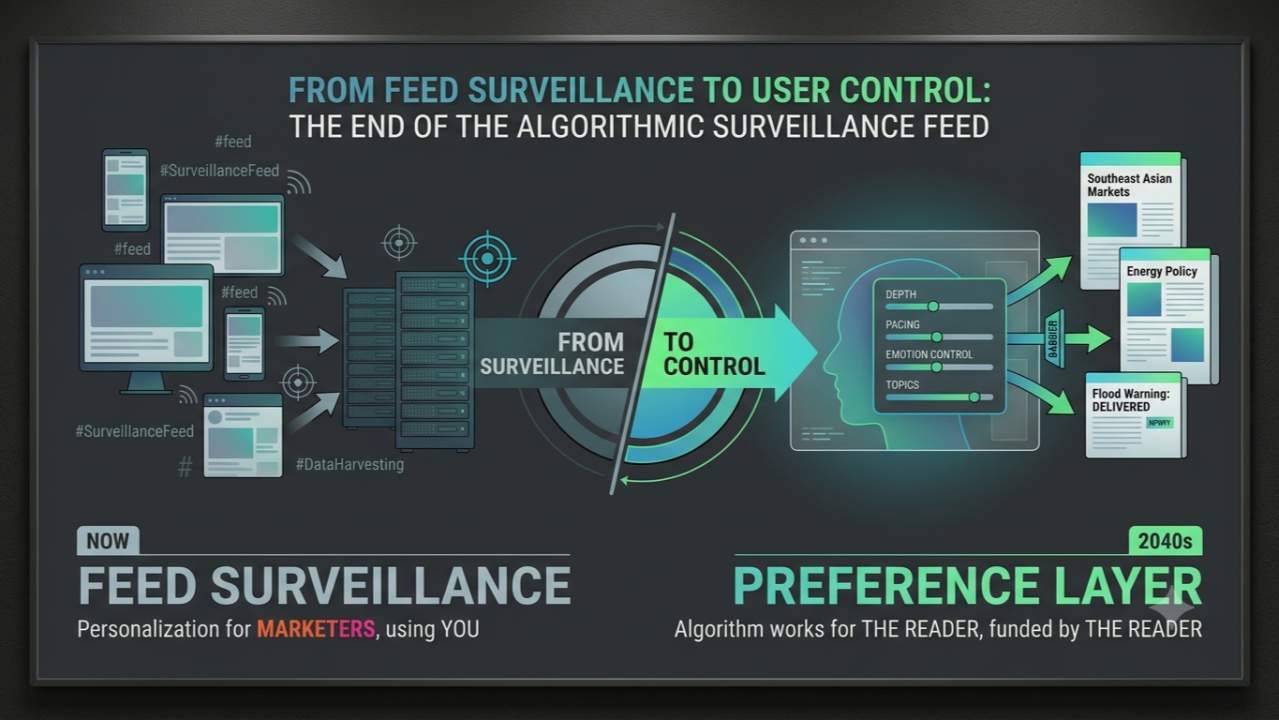 A dark-mode infographic showing the transition from feed surveillance on the left to a user-controlled preference layer on the right, with a central dial shifting from surveillance to control