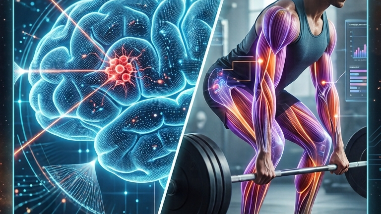 A split digital art image: a luminous blue wireframe brain with a targeted orange neural cluster on the left, and a deadlifter with glowing purple-orange muscle mapping and a cyan HUD data panel on the right