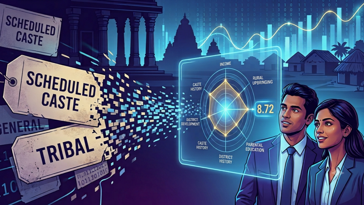 Reservation 2.0 infographic — caste labels dissolving into a multi-dimensional data-driven evaluation radar