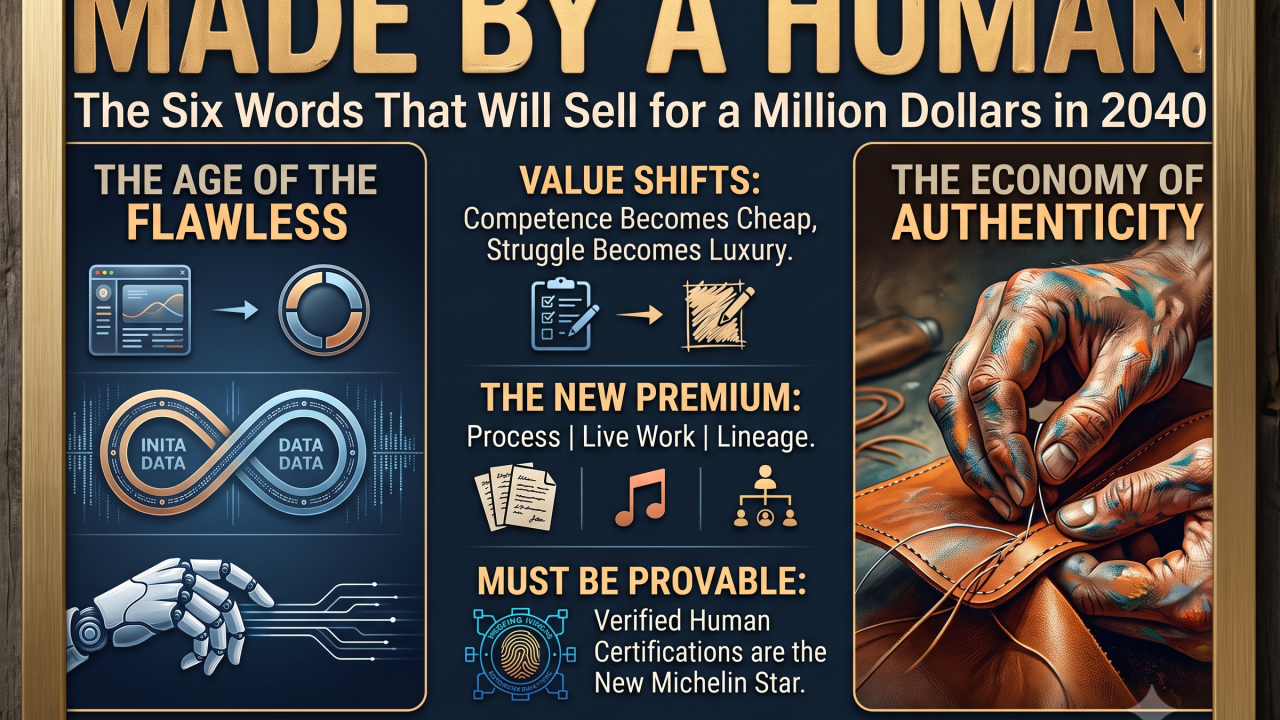 A gold-framed infographic titled Made By a Human, split into three columns: The Age of the Flawless, Value Shifts, and The Economy of Authenticity, on a dark navy background