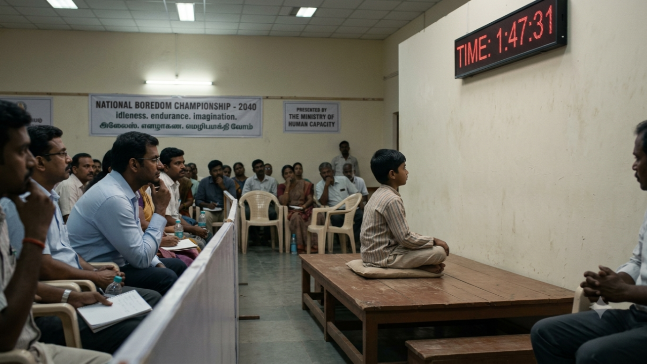 A young boy sits cross-legged staring at a blank wall in a municipal auditorium during the National Boredom Championship 2040, with a red digital timer and an audience watching from behind a barrier