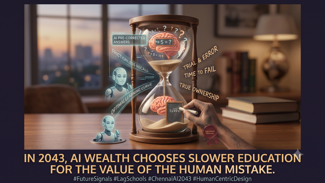 An hourglass on a wooden desk with brains, chalk, and robots — a visual metaphor for AI wealth choosing slower, human-centric education in 2043