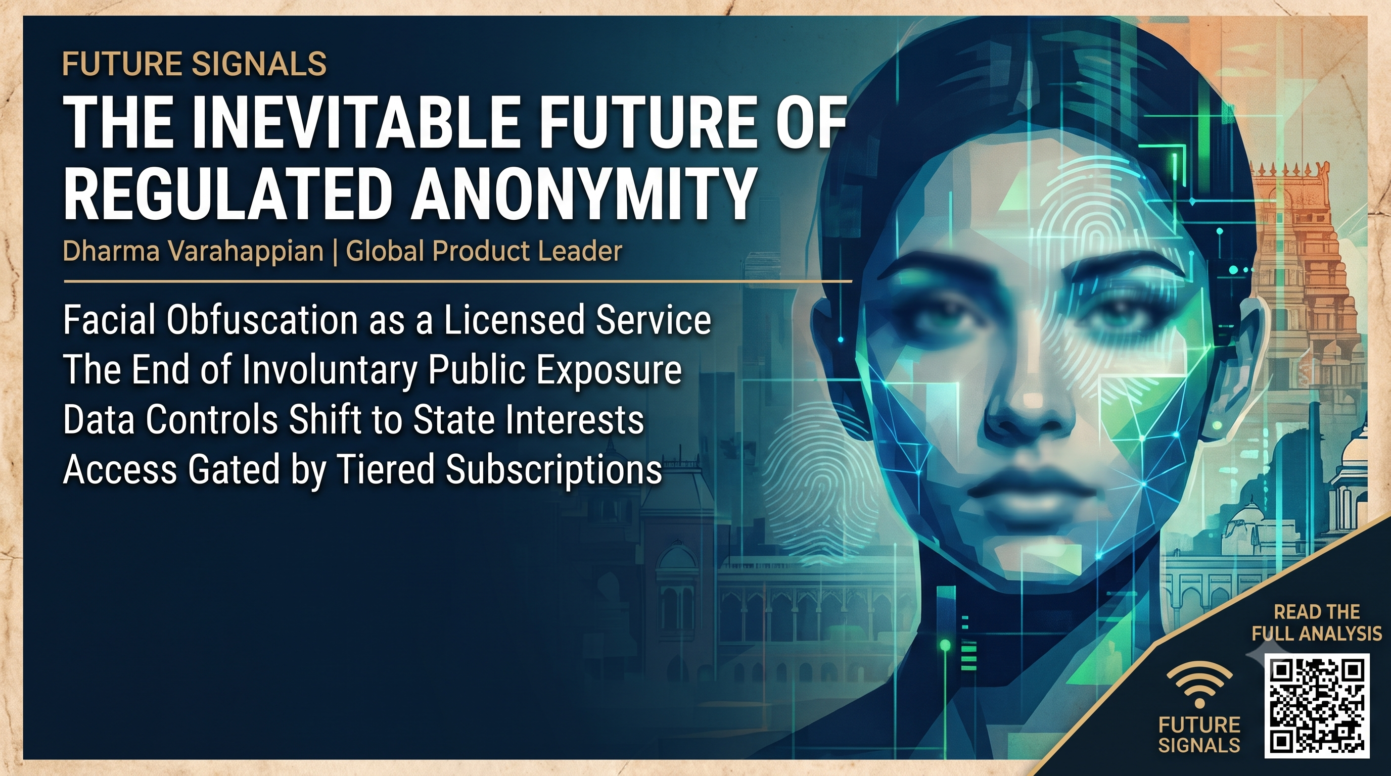The Inevitable Future of Regulated Anonymity — infographic on disguise tech, facial obfuscation, and tiered anonymity in 2043