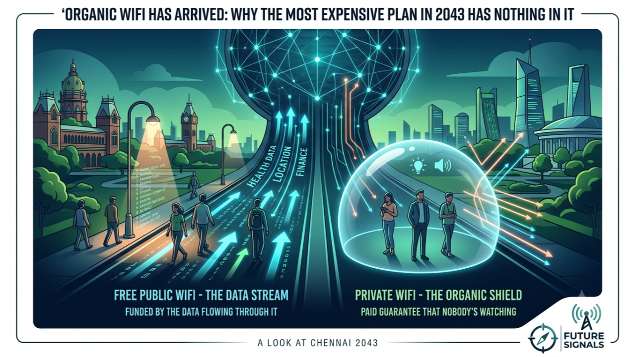 Organic WiFi Has Arrived — infographic comparing free public WiFi and premium private connectivity in 2043 Chennai