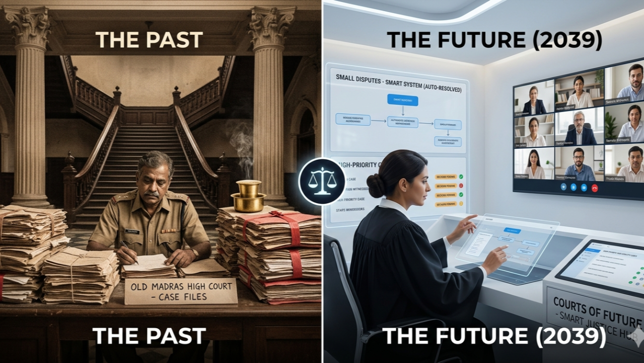 A split-screen comparing an old colonial-era court piled with paper case files (The Past) with a futuristic AI-powered digital courtroom (The Future 2039), bridged by a central scales-of-justice icon