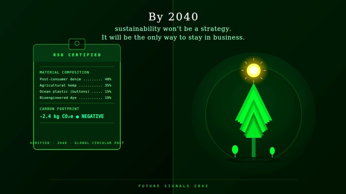 By 2040 sustainability infographic — RSO certified material composition and carbon footprint